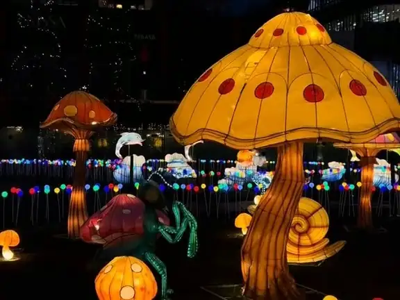 Giant glowing mushrooms at the Glowing Garden light trail