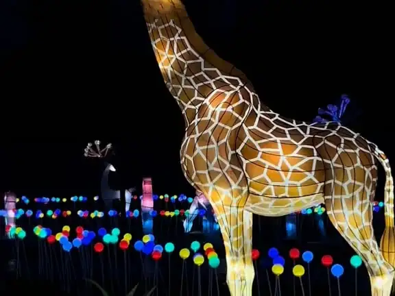 A glowing giraffe lantern among fields of light